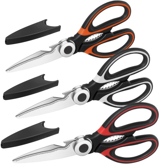 Küchenschere-set, 3-teilig – Multifunktional – Klingen Aus Edelstahl – Rot, Schwarz, Orange – 21 Cm