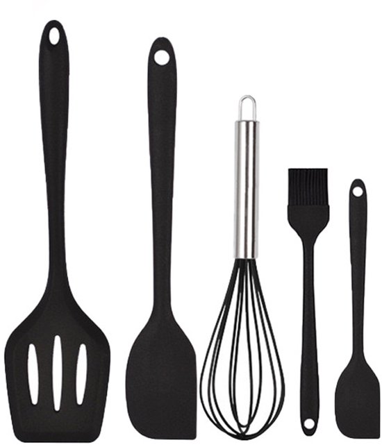 5-teiliges Silikonspatel-set Küchenhelfer-set Hitzebeständig Spülmaschinenfest Teigspatel Backpinsel Schneebesen Schaber Antihaft-spatel-set Schwarz