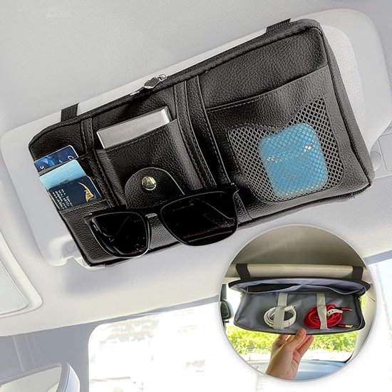 Organizer Für Die Sonnenblende Im Auto Aus Kunstleder – Aufbewahrungszubehör Mit Innenfach, Dokumenten- Und Brillenhalter – Schwarz