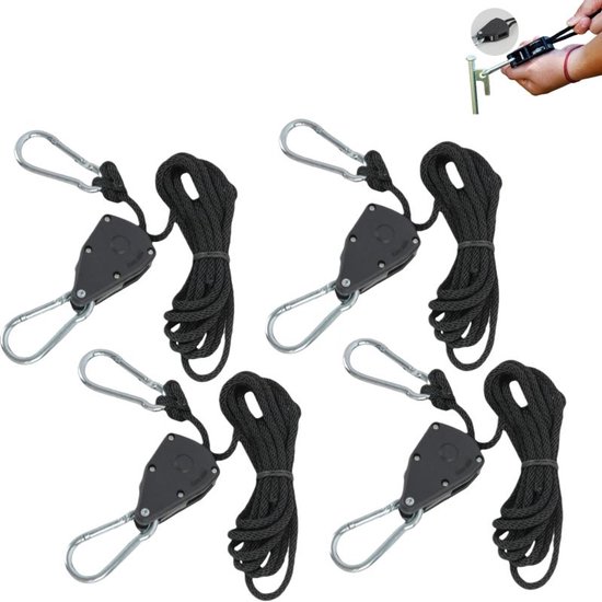 4-teiliges Set Verstellbarer Zeltseilspanner Mit Haken – Seilspanner Für Zimmerpflanzen Und Pflanzenlampen – Schwarz – 2 M