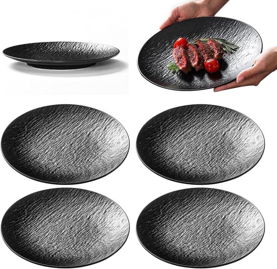 Set Mit 4 Wiederverwendbaren, Flachen, Schwarzen Melamin-tellern, Ideal Für Frühstück, Abendessen Und Salate, 20,2 Cm Durchmesser