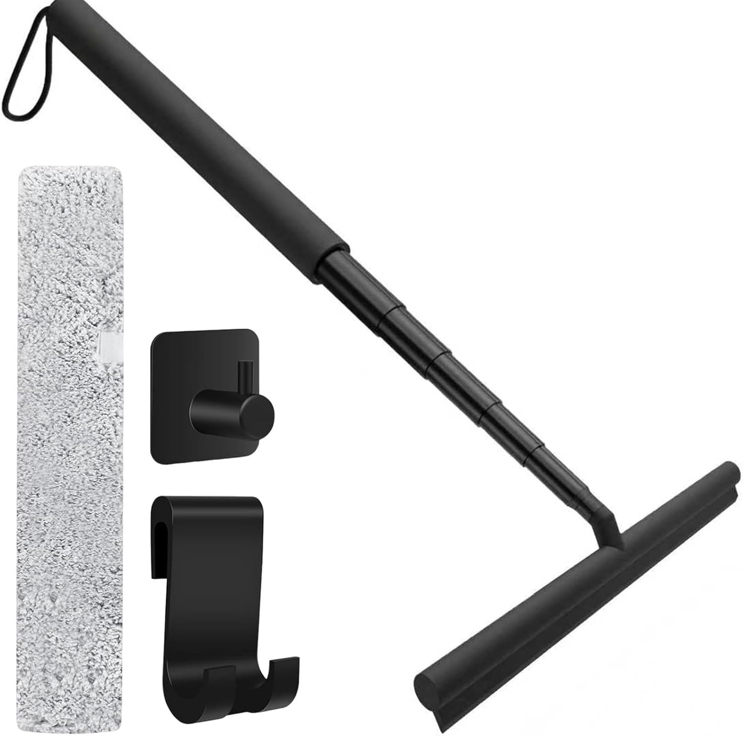 Duschabzieher Mit Langem Griff – 30 Bis 146 Cm – Ausziehbar – Schwarz – Silikon – Mit Mikrofaserbeschichtung Und 2 Haken – Für Böden, Glas, Fliesen, Spiegel, Fenster Und Autoscheiben