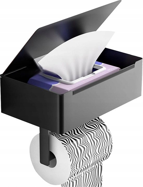 Toilettenpapierhalter Mit Ablage Und Tablett – Schwarz – Selbstklebend / Bohren / Kein Bohren Erforderlich – Toilettenpapierhalter
