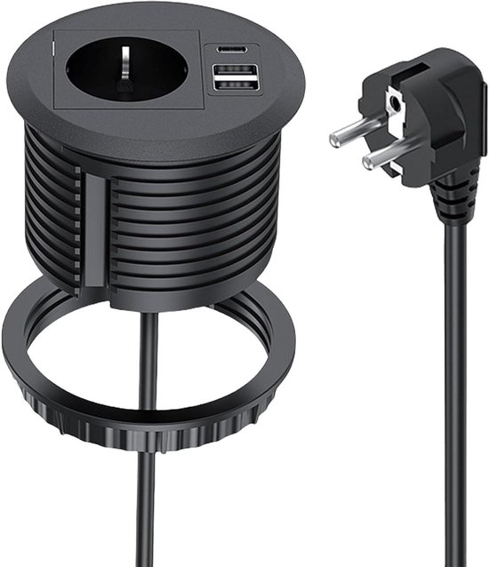 Unterputzsteckdose Mit Usb-c Pd20w Und 2 Usb-anschlüssen 1 7 Meter Langes Netzkabel Schwarze Tischsteckdose Geeignet Für 80-mm-tischlöcher Für 1,7