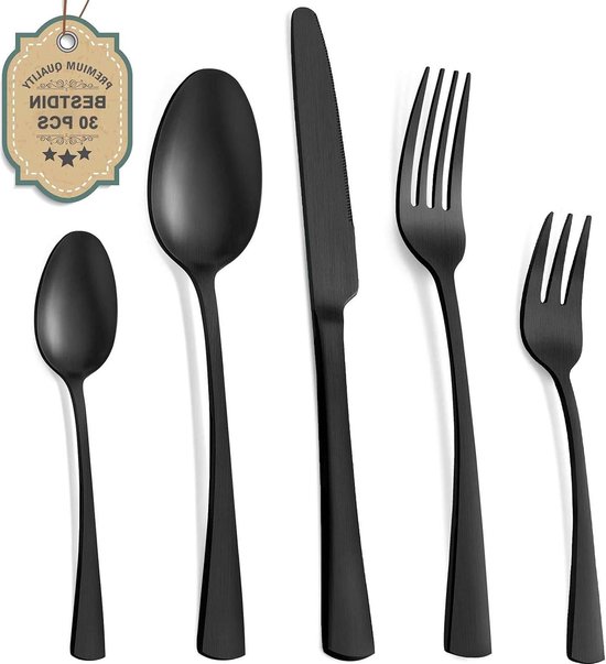 30-teiliges Besteckset Für 6 Personen - Edelstahl, Matt Schwarz - Messer, Gabel, Löffel - Spülmaschinenfest.