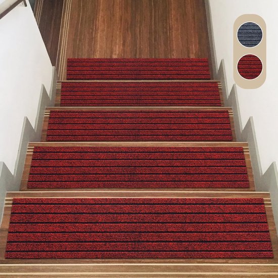 Rutschfeste Treppenmatten Für Den Innenbereich, 15 Stück, 22 X 70 Cm – Selbstklebender Treppenteppich – Rot Mit Schwarzen Streifen