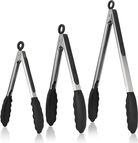 Grillzange – Silikonzange Und Silikongriffe – 3er-set – Hitzebeständig – Edelstahl-kochzange – Schwarz