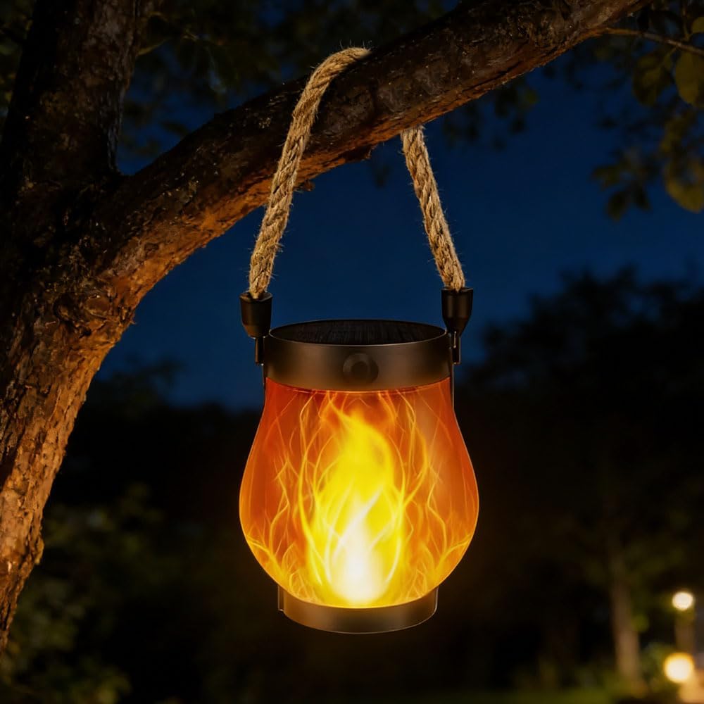Solarlaterne Für Den Außenbereich Mit Flackereffekt, Hängende Solarlaterne Aus Hanfseil, 2-in-1-funktion: Solarladung Und Usb-aufladung, Flammen-solarlaterne Für Die Terrasse