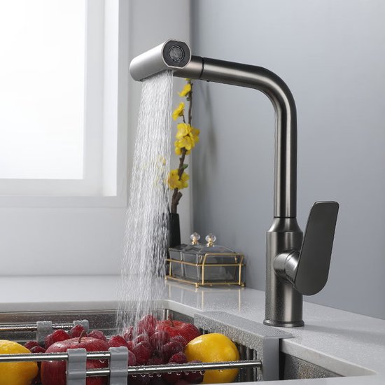 Küchenarmatur – Ausziehbare Brause, Wasserfallfunktion, Schwarz, Höhenverstellbar, 360° Drehbar, Moderner Einhebelmischer