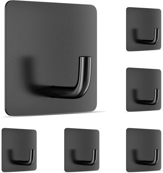Set Mit 6 Selbstklebenden Wandhaken Aus Schwarzem Edelstahl – Bohrfrei, Für Badezimmer, Küche, Decke, Türen Und Bademäntel
