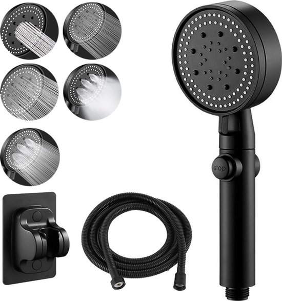 Verstellbarer 5-in-1-duschkopf Mit Stoppknopf, Hochdruck-duschkopf, Schwarz, Wassersparender Duschkopf, Inklusive 2 Meter Schlauch.