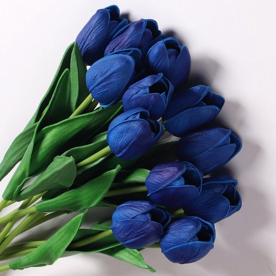 Künstliche Tulpen, Blau – Echtlatex – Heimdekoration – Realistisches Aussehen – 12 Stück – Dunkelblau