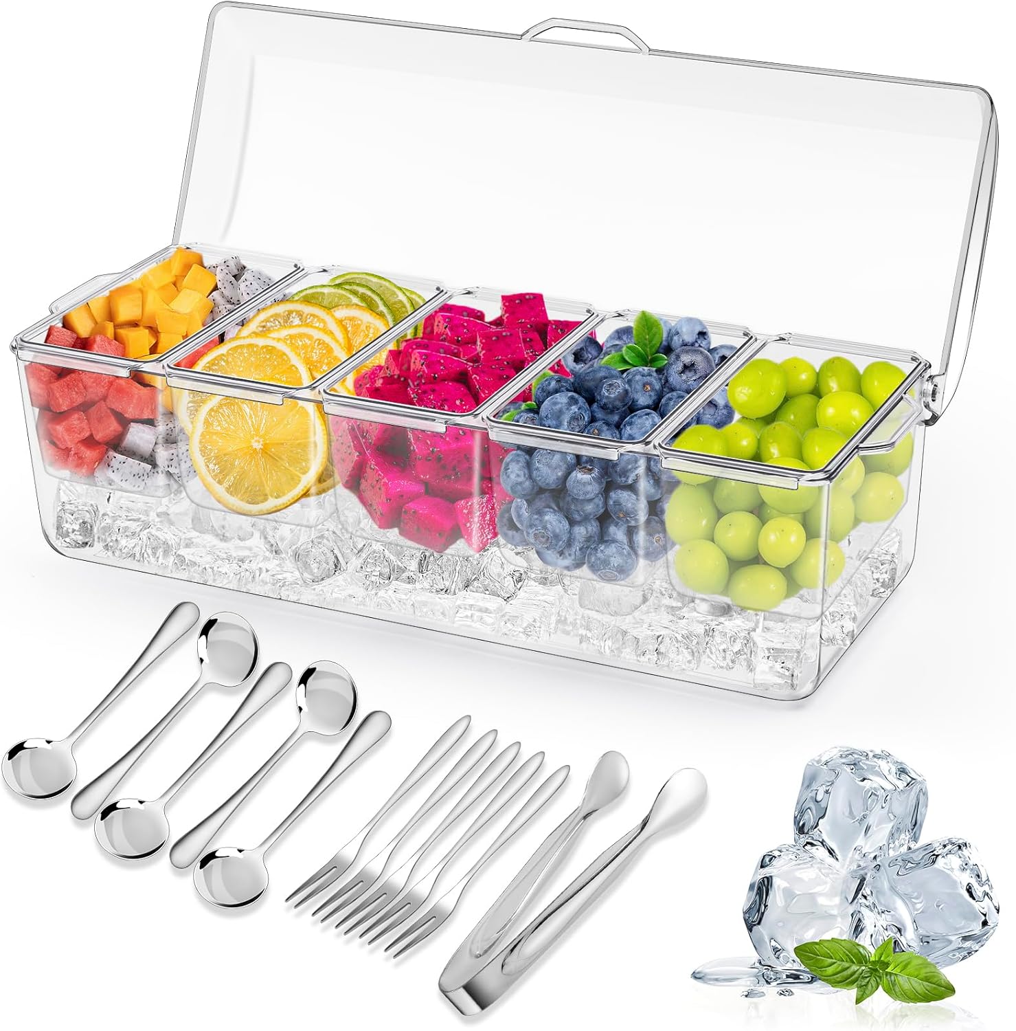 Bol À Épices, Récipient À Ingrédients Amovible Avec Couvercle, Récipient Réfrigéré, 5 Compartiments, 12,7 X 6 X 7,1 Cm, Récipient De Service Glacé Pour Collations Et Garnitures De Fruits Incl.