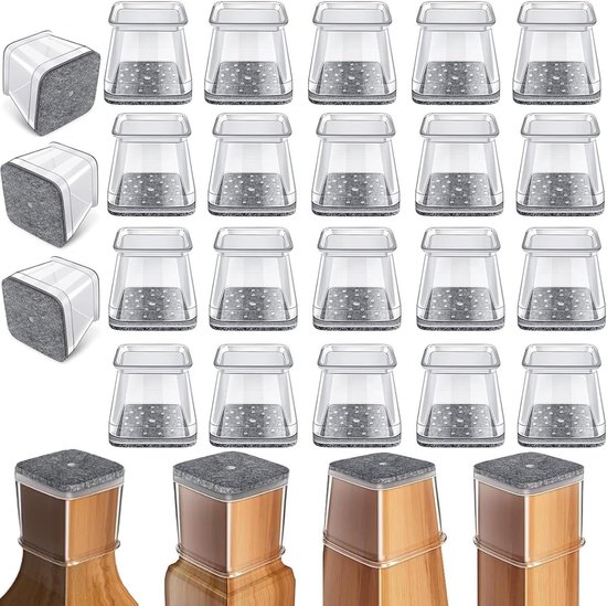 24 Stück Transparente Silikon-stuhlgleiter - Quadratische Gleiter Mit Filz - Schutzkappen Für Holzböden (passend Für: 26-38 Mm)