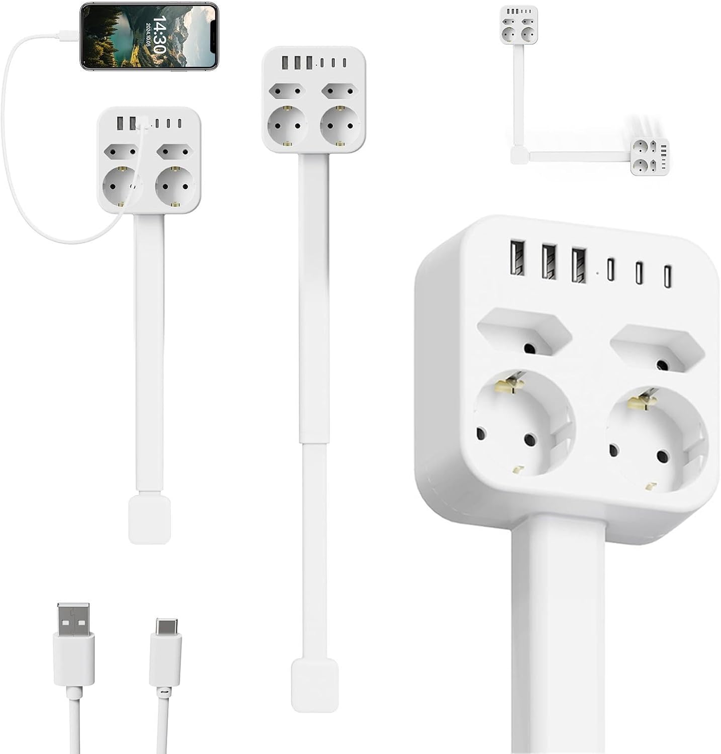 Verlängerungskabel Mit Ausziehbarer Leiste, 4 Steckdosen 3 Usb-a & 3 Usb-c, 360° Drehbar & Ausziehbar (44,5-65 Cm) – Ausziehbare Steckdosenleiste Für Schwer Zugängliche Steckdosen