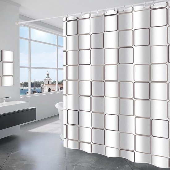 Duschvorhang – Wasserdichtes Polyester, Maschinenwaschbar, Mit 6 Haken, 180 X 180 Cm, Weiß Kariert