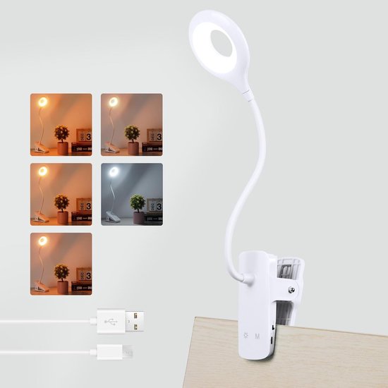 3-watt-leselampe Mit Klemme Typ-c-ladeanschluss 5 Farben Und 5 Helligkeitsstufen Touch-schreibtischlampe Batteriebetrieben Lesenachtlicht Weiß A