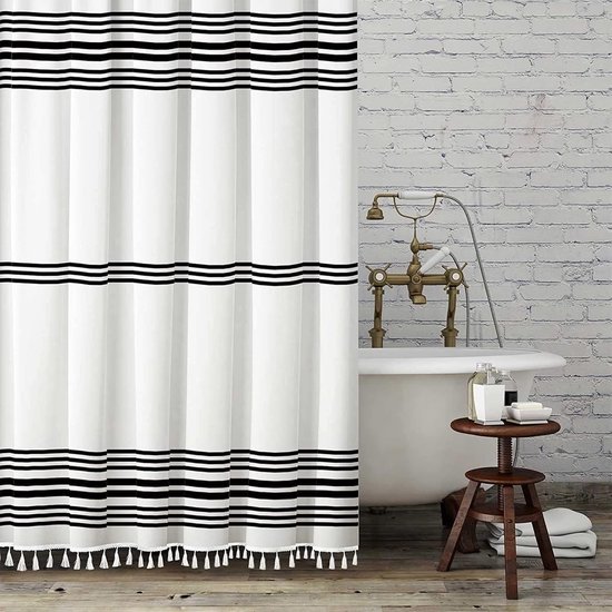 Schwarz-weißer Duschvorhang Mit Quasten, Landhausstil, Schwer, 183 X 183 Cm