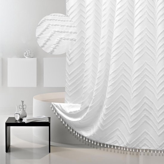 Weißer Duschvorhangstoff Duschvorhangstoff Im Boh Me-stil Strukturiertes Getuftetes Fischgrätmuster Eleganter Duschvorhang Badezimmer Wasserdicht 183