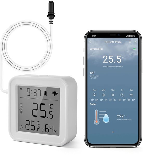 Innen Und Außenthermometer, Hygrometer, Wlan App, Alarm, Datenexport, Gefrierschrank, Aquarium, Digitales Thermometer, Weiß, 5,6 X 5,6 Cm