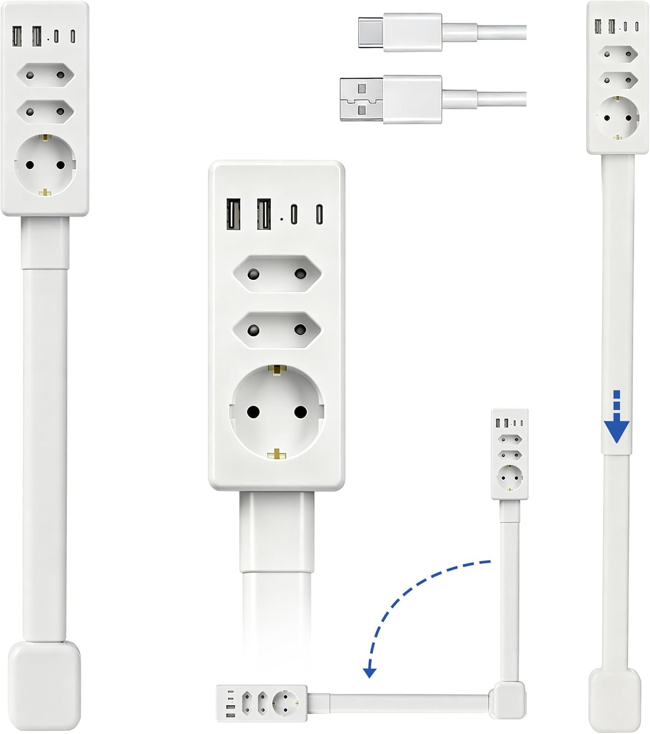 Verlängerungskabel Mit Ausziehbarer Leiste, 3 Steckdosen 2 Usb-a & 2 Usb-c Schnellladeanschlüsse, 360° Drehbar & Ausziehbar (47-67 Cm) – Ausziehbare Steckdosenleiste Für Schwer Erreichbare Steckdosen
