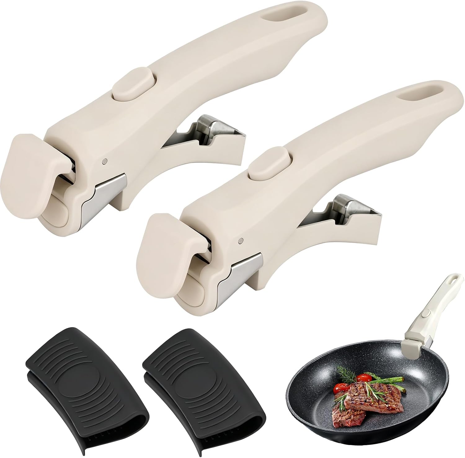 Set Aus 2 Abnehmbaren Griffen + 2 Silikongriffen Für Universalpfannen - Tragkraft 10 Kg - Hitzebeständig - Für Küchen- Und Campingutensilien (weiß)