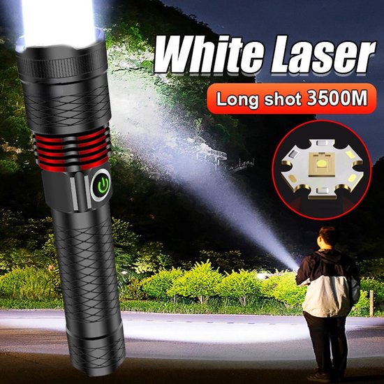 Leistungsstarke Weiße Laser-taschenlampe Mit Einer Reichweite Von 3500 Metern, Wiederaufladbar, Zoombar Und Wasserdicht – Ideal Für Campingausflüge.