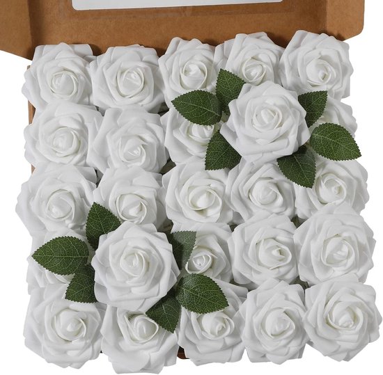 25 Naturgetreue Künstliche Rosen Mit Stielen, Geeignet Für Brautsträuße, Tischdekorationen, Hochzeitsfeiern Und Heimdekoration (weiß, 25er-set)