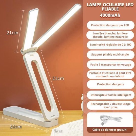 Tragbare, Faltbare Led-schreibtischlampe – 3 Helligkeitsstufen – 4000 Mah – Weiß