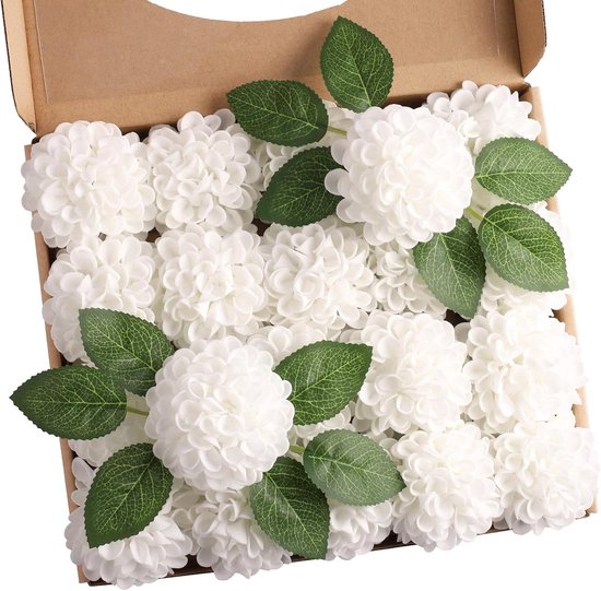 25 Künstliche Dahlienblüten Mit Blättern Und Stielen, Weißer Dahlienstrauß Für Hochzeiten, Blumensträuße, Tischdekoration, Innendekoration