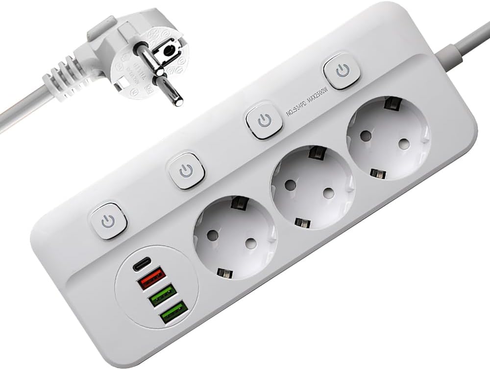 Steckdosenleiste Mit Einzelschalter, 3 Steckdosen Mit 3 Usb-a- Und 1 Usb-c-anschluss, Überspannungsschutz, 2 M Kabel Für Smartphones Und Tablets (weiß)