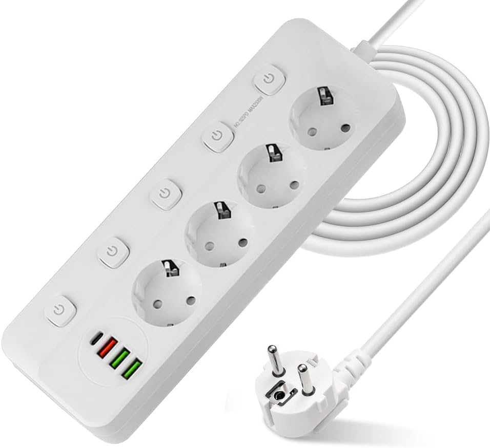 Steckdosenleiste Mit Einzelschalter, 4 Steckdosen Mit 3 Usb-a- Und 1 Usb-c-anschluss, Überspannungsschutz, 2 M Kabel Für Smartphones Und Tablets (weiß)