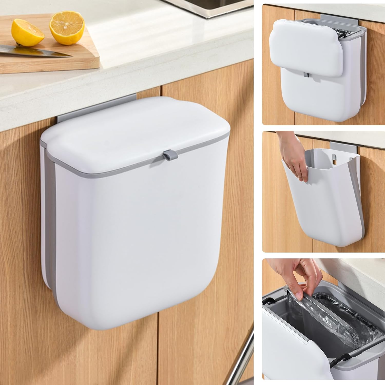 Hängender Mülleimer Mit Deckel, 9 L, Zusammenklappbar, Geruchsdicht, Für Küche Und Haushalt, Wandmontage, Kompostbehälter Für Bad, Camping, Büro, Unter Der Spüle, Weiß