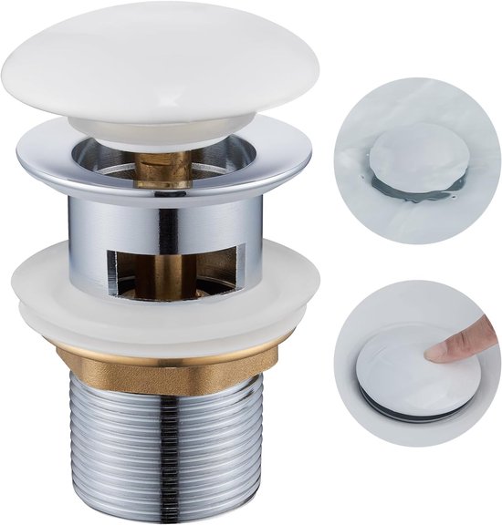 Ablaufgarnitur Mit Überlauf, Pop-up-ablaufgarnitur Mit Keramikdeckel, G1 1/4" Universal-ablaufgarnitur Für Bad Und Wc, Weiß