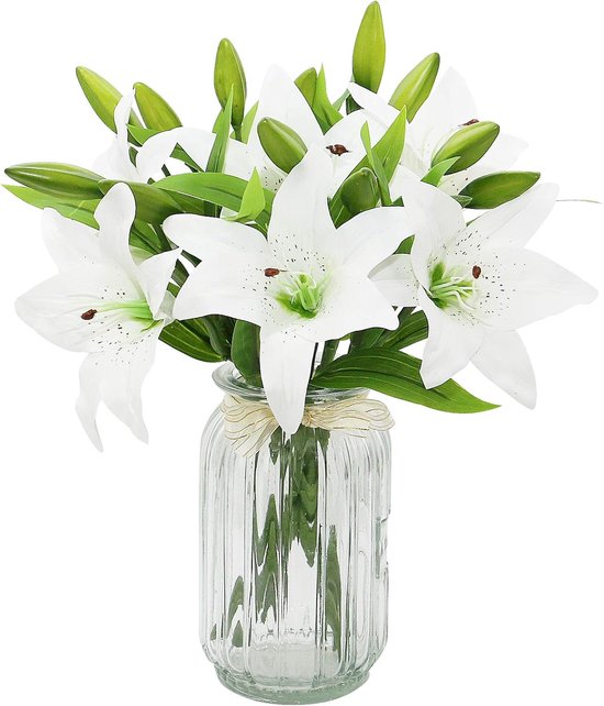 Strauß Aus 6 Weißen Künstlichen Lilien, Naturgetreue Künstliche Lilien, Geeignet Für Hochzeiten, Innendekoration Und Gartendekoration (weiß, 6 Stück)