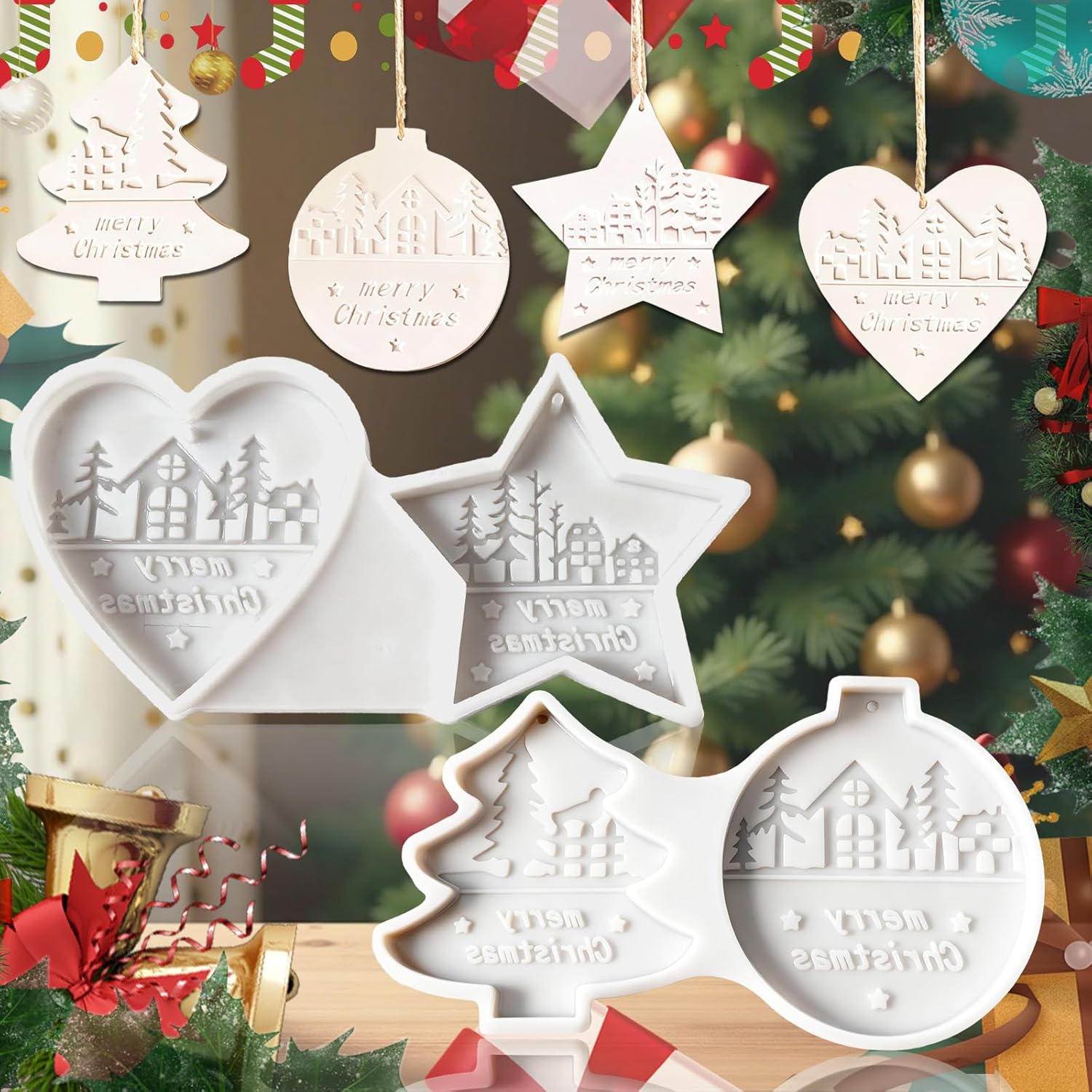 Set Mit 2 Harzformen Für Weihnachtsschmuck, Harzanhängerform Für Weihnachtsbaum, Stern, Herz, Schneeflocke, Stern Und Elch - Epoxidharzformen Für Weihnachtsdekorationen