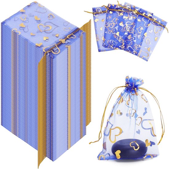 Dailygoods Blaue Organzabeutel Mit Herzmuster 100 Stück Kleine Geschenktüten Hochzeits Gastgeschenke Schmuckbeutel Mit Kordelzug 16 X 11 Cm