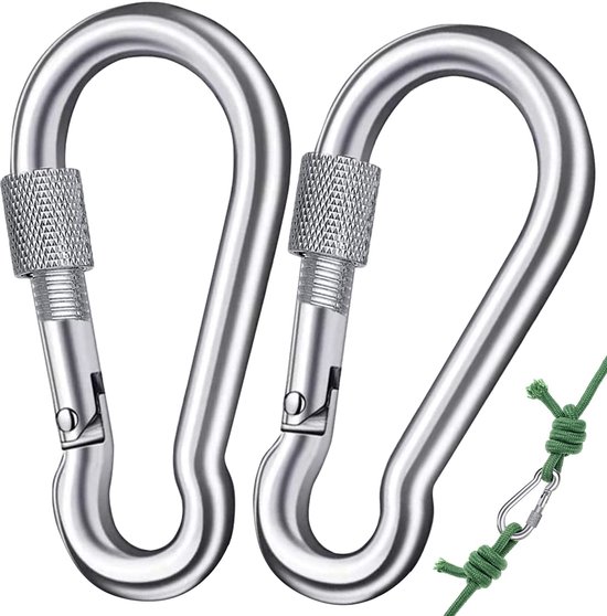 Dailygoods – Verriegelbarer Karabiner – 2 Stück – Drehgelenk – M8 – Edelstahl – Hohe Tragfähigkeit – Haken