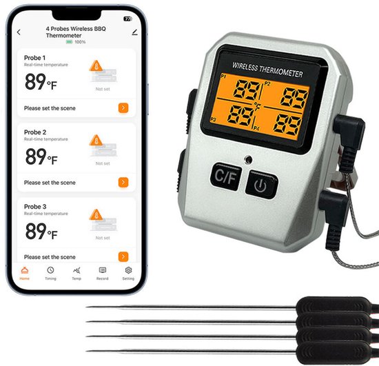 Digitales Fleischthermometer Grillthermometer 4 Sonden Ofenthermometer Kabellos Mit App Bluetooth Batterie Nicht Enthalten Kabelloses Mit App