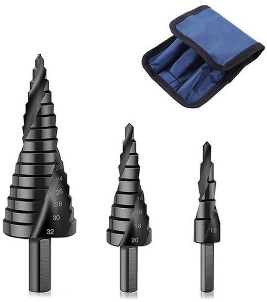 Ein Set Aus 3 Stufenbohrern Aus Hochgeschwindigkeitsstahl Mit Schwarzer Spirale Und Dreieckigem Schaft Geeignet Für Edelstahl Und Metall 4-32 Mm 20 Mm