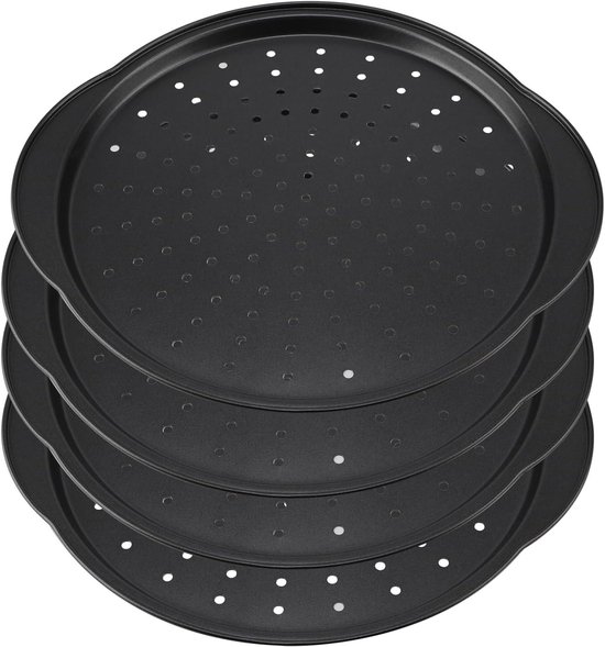 Allecto Plus Pizzablech-set 4-teilig 305 Cm Kohlenstoffstahl Antihaftbeschichtet Mit Griff Für Den Backofen Runde Pizzapfanne Mit Löchern Zur Von