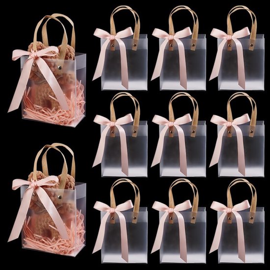10 Geschenktüten Mit Transparentem Griff Rechteckige Eisbeutel 15 X 13 X 7 Cm Mit Rosa Schleife Wiederverwendbare Kunststoff-geschenkverpackung