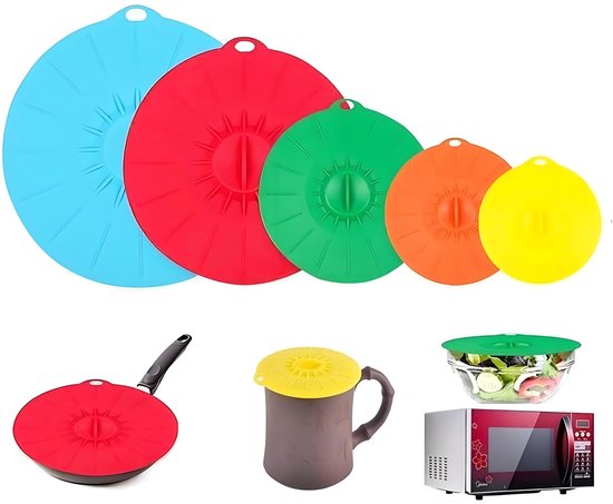 Allecto – 5er-set Silikondeckel – Multifunktionale Deckel Für Pfannen, Schüsseln Und Mikrowelle – Vakuumverschluss