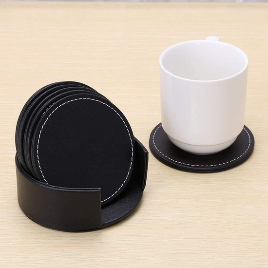 Mttproducts – Untersetzer Mit Halter – Untersetzer Für Gläser – Korkuntersetzer – 6er-set – Schwarz – Lederuntersetzer