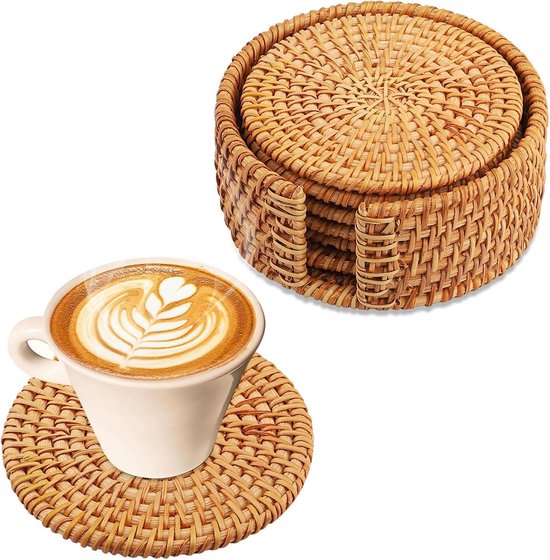 Set Mit 6 Handgefertigten Rattan-untersetzern Mit Halter – Dekorative Tischuntersetzer Für Getränke