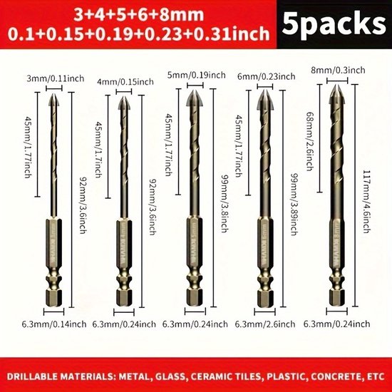 Fünfteiliges Set Hochwertiger Hartmetall-keramikbohrer 3 Mm 4 Mm 5 Mm 6 Mm 8 Mm Kreuzschlitz Und Sechskantbohrer Geeignet Für Glas Beton Keramik