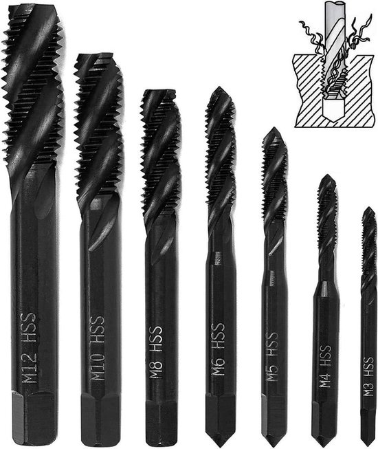 7-teiliger Gewindebohrersatz, Hss 6542 Nitriert, Metrischer Spiralnutbohrersatz M3 M4 M5 M6 M8 M10 M12 Für Metall- Und Holzbohrer