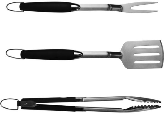 Grillbesteck-set – Schwarzes Edelstahl-grillbesteck-set: Gabel, Zange Und Pfannenwender Mit Silikongriff