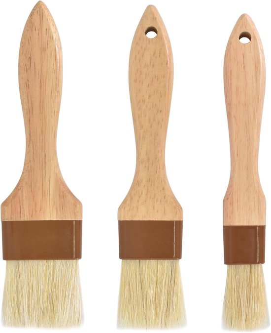 Set Mit 3 Grillbürsten Aus Holz Zum Grillen, Backen Und Braten – Naturborsten, Langer Holzgriff, Ideal Zum Kochen Und Brauen