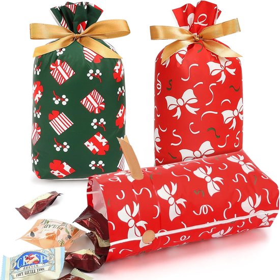 100 Kleine Weihnachtsgeschenktüten, 15 X 23 Cm, 2 Verschiedene Muster, Mit Standboden Und Kordelzug